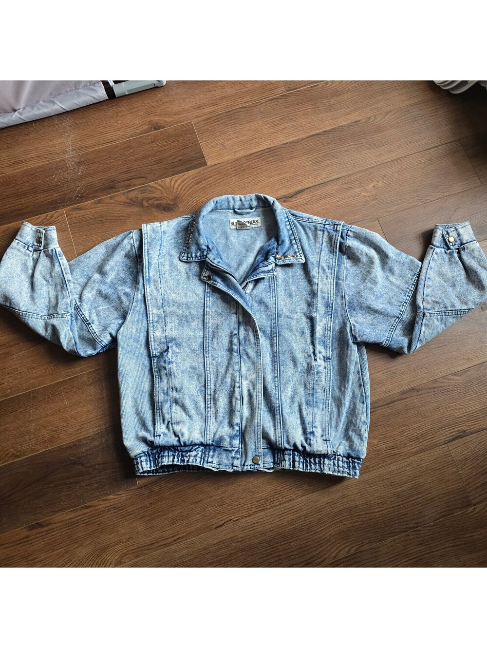 VTG 80s Ruth Douglas Acid Wash Denim Bomber Jacket Medium Studded Moto Slouchy
